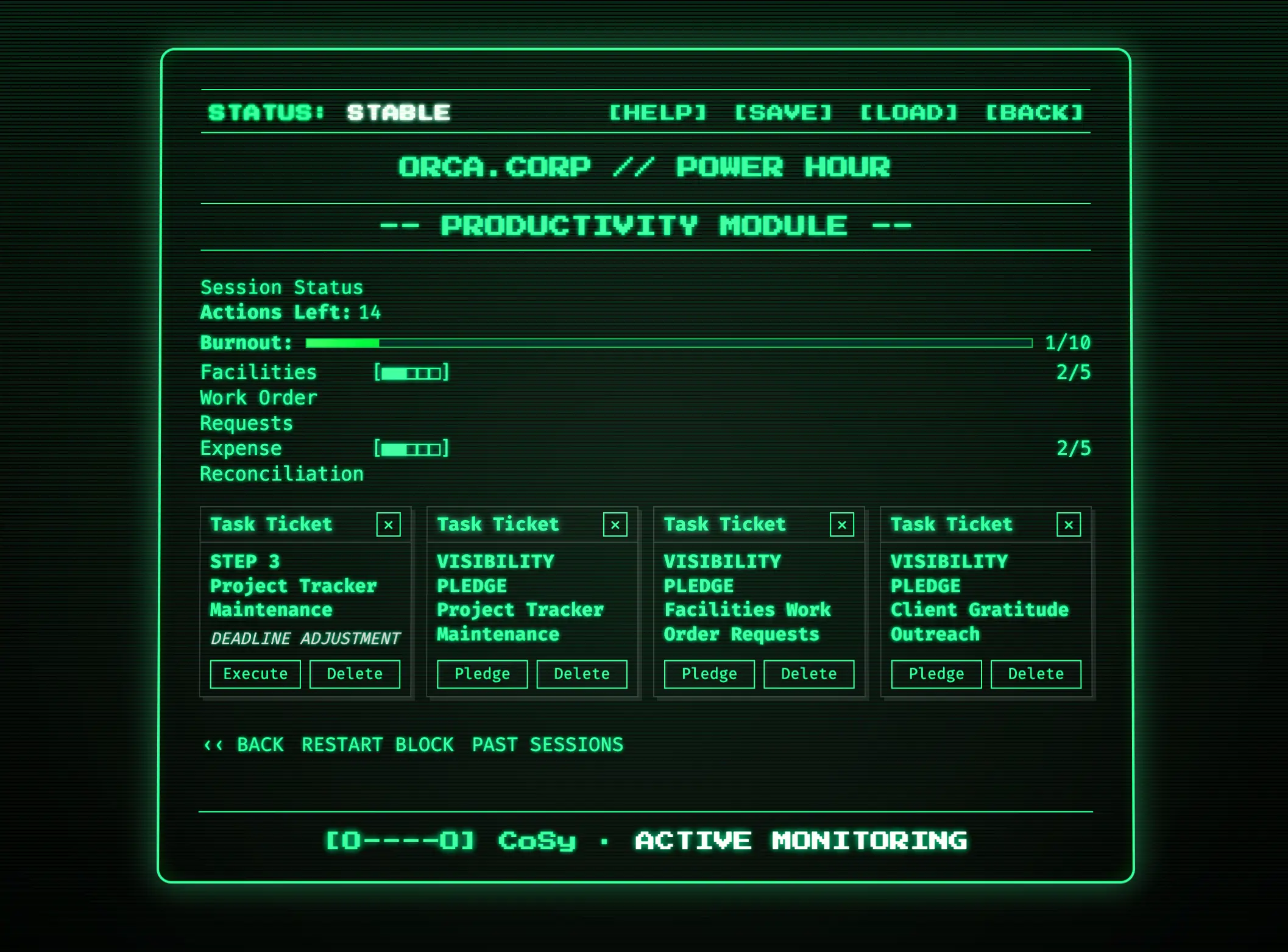 An in-development screen from Employee of the Month: a green-on-black terminal titled ORCA.CORP Power Hour, with a burnout meter, four task tickets, and CoSy marked as actively monitoring