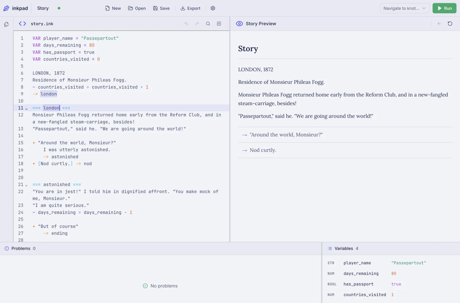 The InkPad editor: an ink script with syntax highlighting on the left, the playable story preview on the right, and a variables panel below
